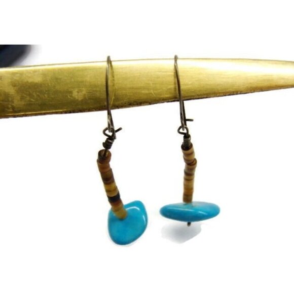 925 Turquoise Beads Earrings Hoop Hinge Clasp Sterling Silver Vintage Patina - Picture 3 of 4
